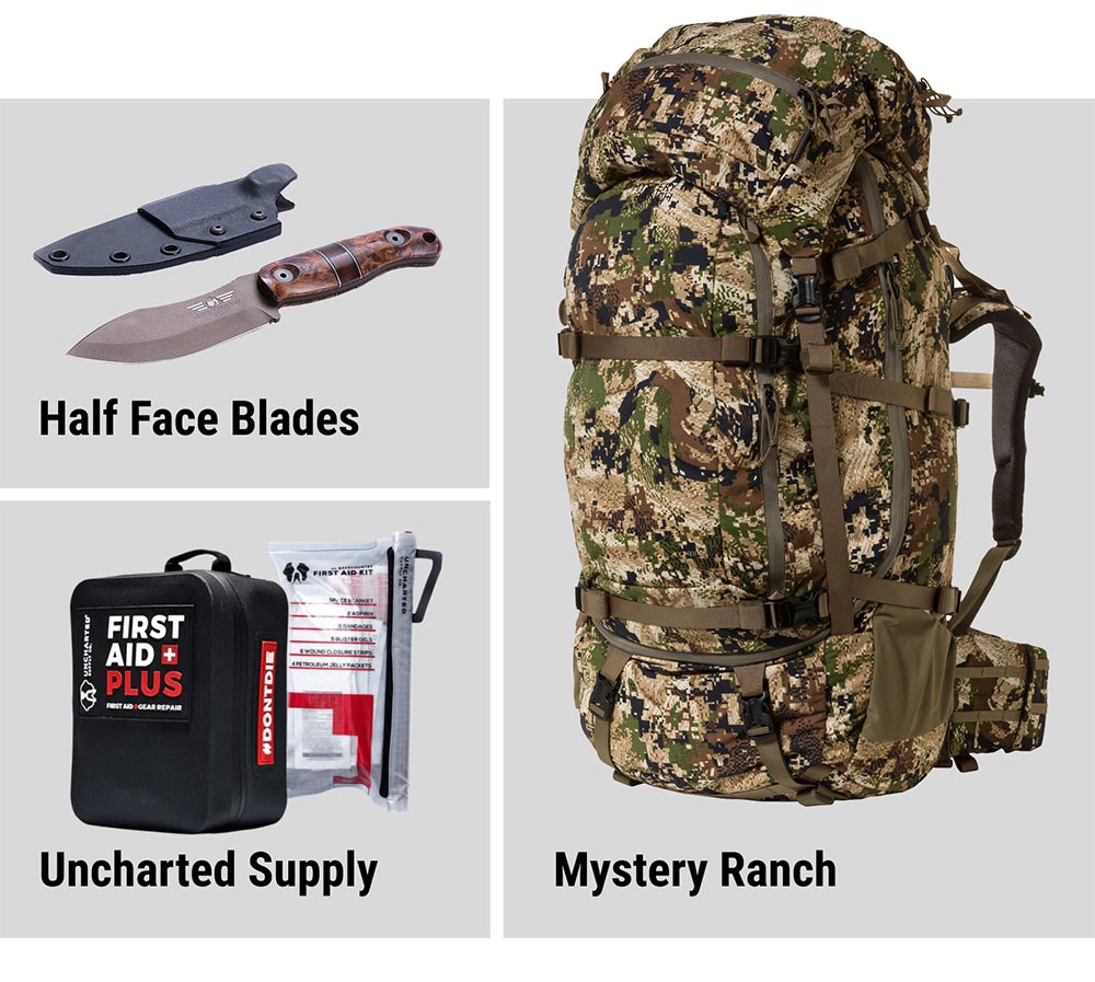 You can also use your gift card for a Half Face Blades knife, Mystery Ranch pack, and Uncharted Supply medical kit.
