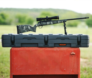 Evoke Hunter rifle on top of a ROAM rifle case