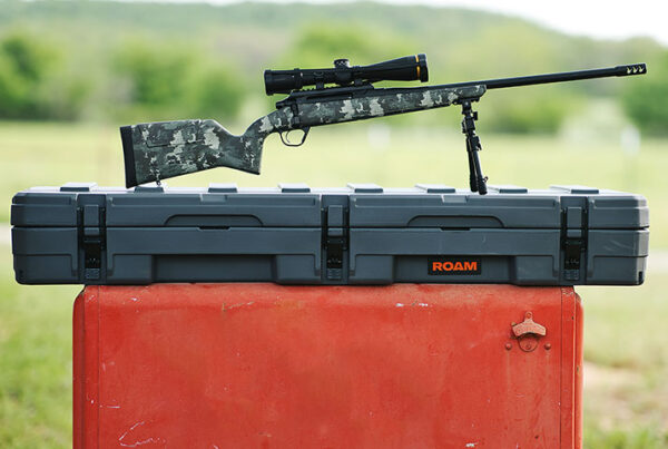 Evoke Hunter rifle on top of a ROAM rifle case